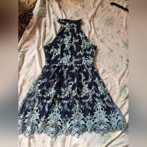 Elegant Navy and Light Embroidered Blue Lace Dress